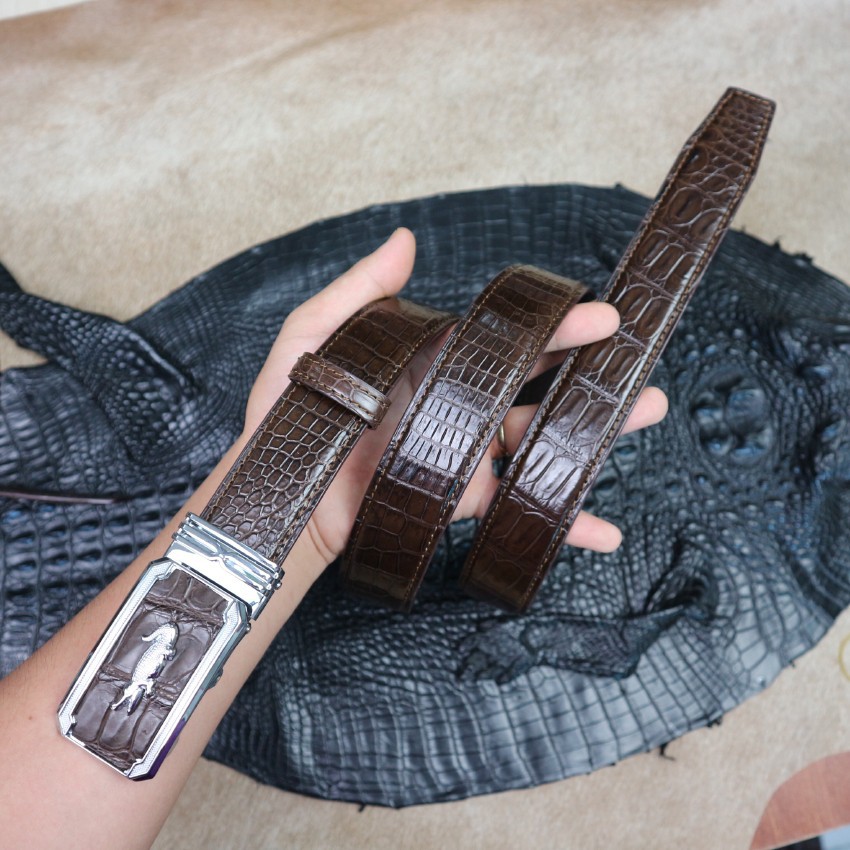 Dây nịt - Thắt lưng da cá sấu Fadoda cao cấp thật bản nhỏ 3.5Cm làm từ da bụng cá sấu màu nâu đất - FCB02-02B