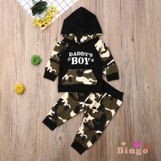 Bộ Áo Tay Dài Có Túi Giữ Ấm 2 Tay Và Nón Hoodie+Quần Dài Vải Thun Cotton Họa Tiết Camo Cho Các Bé Trai Từ 1-4 Tuổi