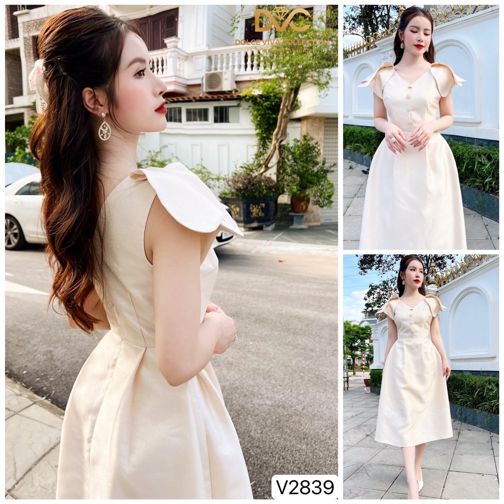 Váy tafta nhũ be cổ v đính cúc V2839- DOLCE VIVA COLLECTION