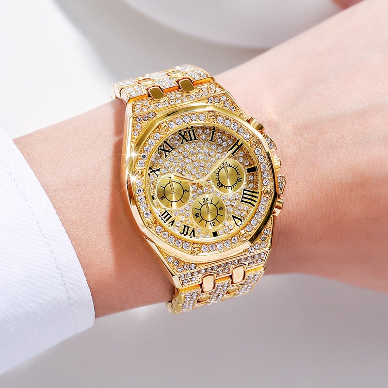 Đồng Hồ Đeo Tay Geneva Ba Mắt Mặt Số La Mã Đính Kim Cương Lớn Thời Trang Làm Quà Tặng Doanh Nhân Cho Nam