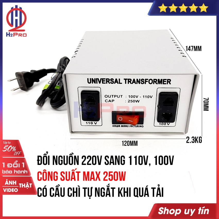 Bộ đổi nguồn 220V sang 110V-100V hoặc đổi nguồn 110V sang 220V KAWA H2Pro 250W cao cấp, chất lượng cao-an toàn