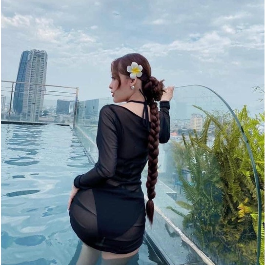 [BIKINI 2 MẢNH CAO CẤP] Đồ bơi đi biển áo tam giác mix chip sexy kèm áo ren lưới khoác ngoài màu đen