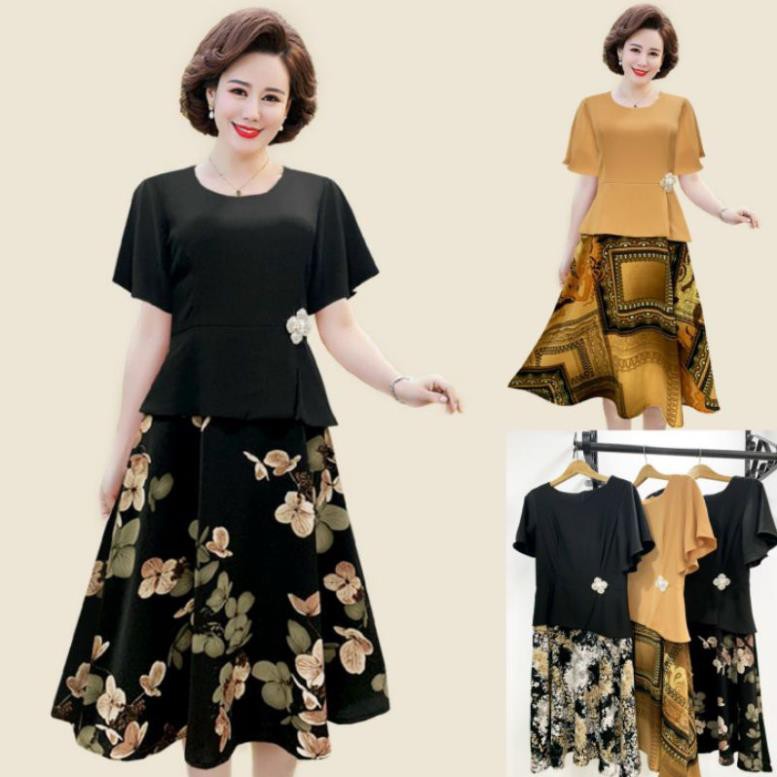 Đầm dáng xòe phối bèo peplum xinh xắn, váy lụa trung niên duyên dáng sang trọng có bigsize - SPR