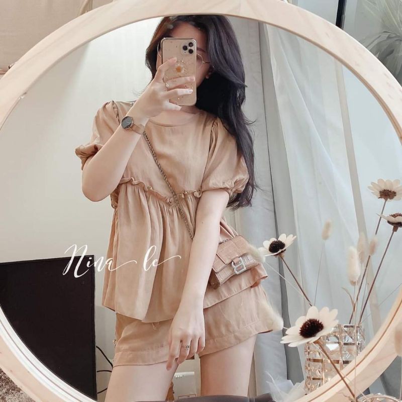 set babydoll nâu phối bèo + short