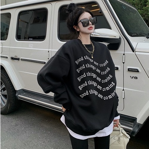 Porozi  Áo sweater nữ cổ tròn dáng rộng in chữ đơn giản thời trang Hàn Quốc
