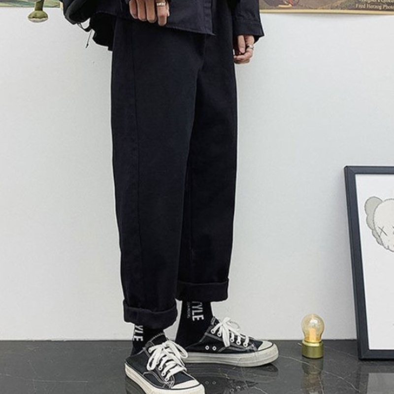 Quần jean ống rộng màu trơn phối dây rút thời trang cho nam size S-3XL