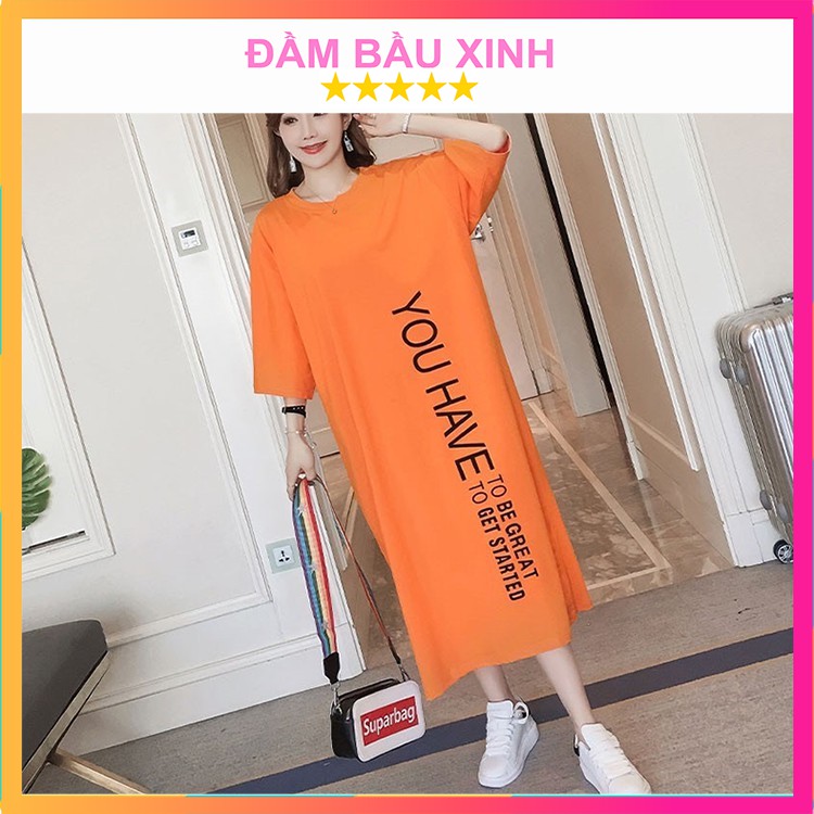 Đầm bầu suông cổ tròn tay lỡ váy bầu chất Cotton dáng dài in họa tiết You Have hàng VNXK