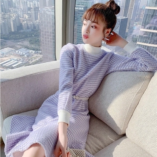 Đầm midi dệt kim kẻ sọc kiểu pháp thời trang mùa đông cho nữ