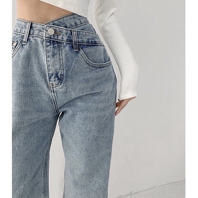 Quần jean bò nữ Cheapy cạp lệch ống suông eo cao hack chân chất jean mài phong cách Hàn Quốc C480 | BigBuy360 - bigbuy360.vn