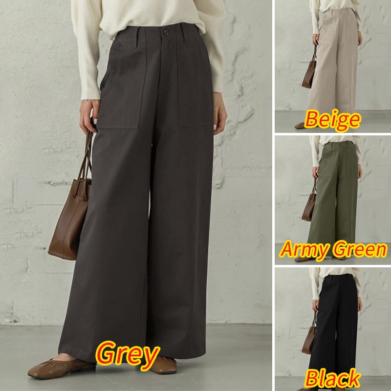 Quần dài ống rộng ZANZEA lưng thun màu trơn thời trang thanh lịch cho nữ