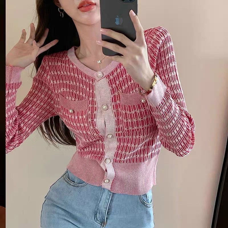 [Ảnh thật/Video]Áo cadigan mongtogi Hồng dài tay đính ngọc ngắn tay Áo len Hàn Quốc sang chảnh