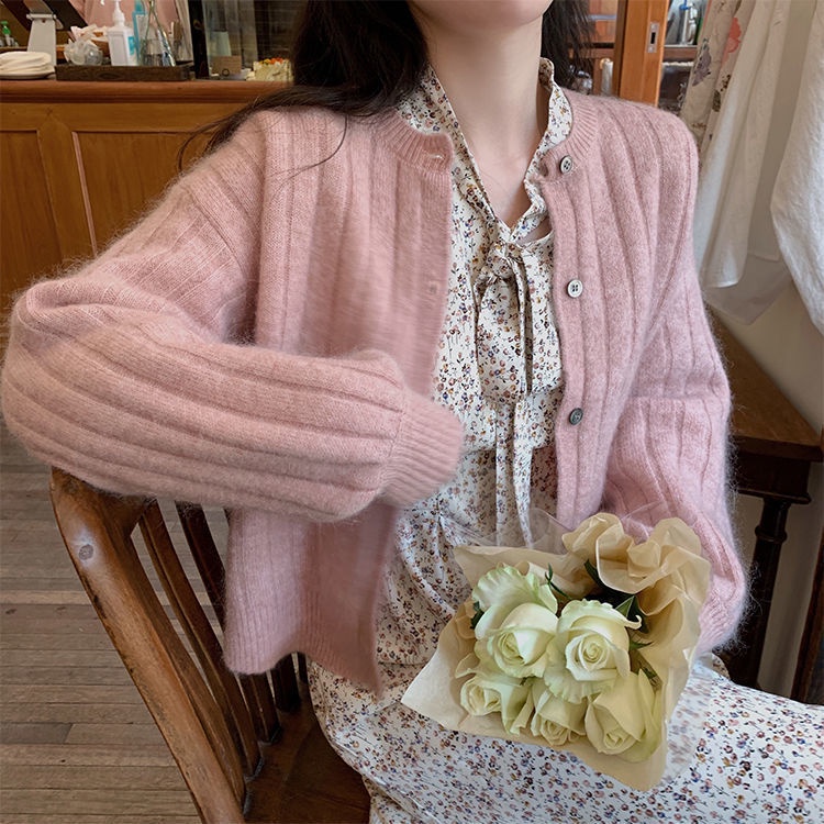 Đầm tay dài phồng cổ chữ V in họa tiết hoa thời trang thu đông cho nữ