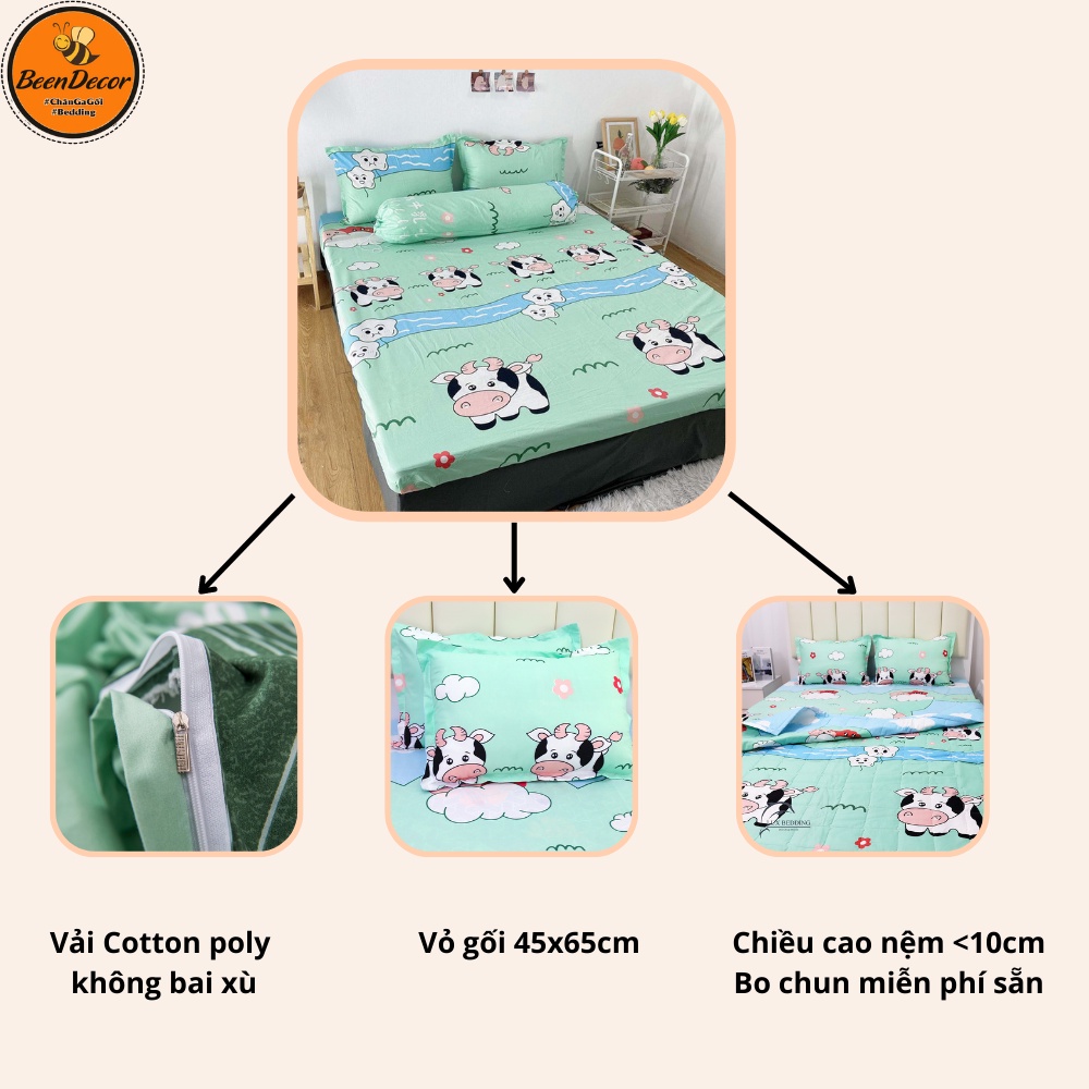 [Rẻ bất ngờ] Bộ Ga Chun Kèm 2 Vỏ Gối Poly Cotton | Mẫu Bò Sữa Xanh (IB để chọn mẫu nha)