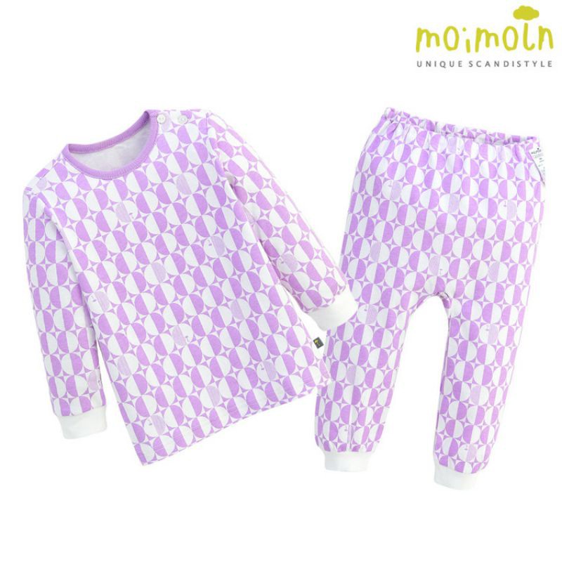 [130] Bộ ngủ mặc nhà cotton dài tay cho bé trai bé gái xuất Hàn dư xịn Moimoln họa tiết tròn màu vàng và tím