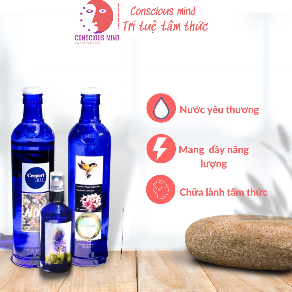 Chai Thái Dương Lam Thủy (Blue Solar Water) Thanh tẩy Ho'oponopono (100ml và 500ml) kèm logo, chai trang trí