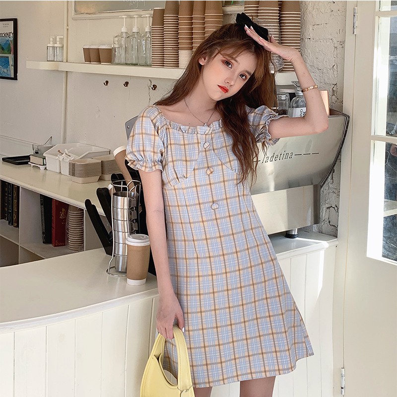 Đầm Nữ Tay Ngắn Cổ Vuông Họa Tiết Caro Thời Trang | BigBuy360 - bigbuy360.vn