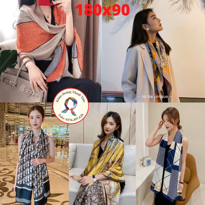 Khăn lụa dài 180x90cm- khăn choàng dài cao cấp họa tiết thanh lịch trang nhã