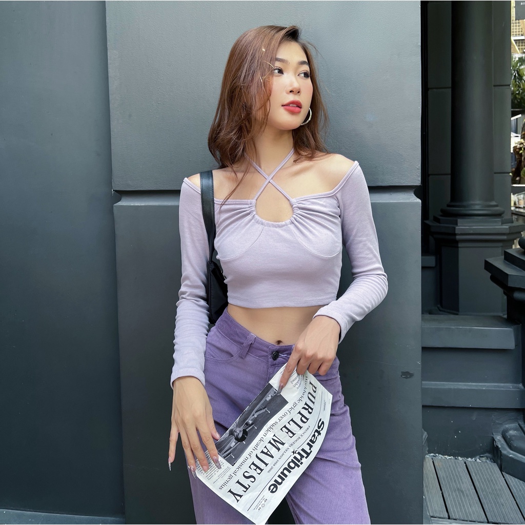 Áo croptop nữ tay dài khoen ngực TOPTIFY kiểu bẹt vai viền ngực Layla Top AC239