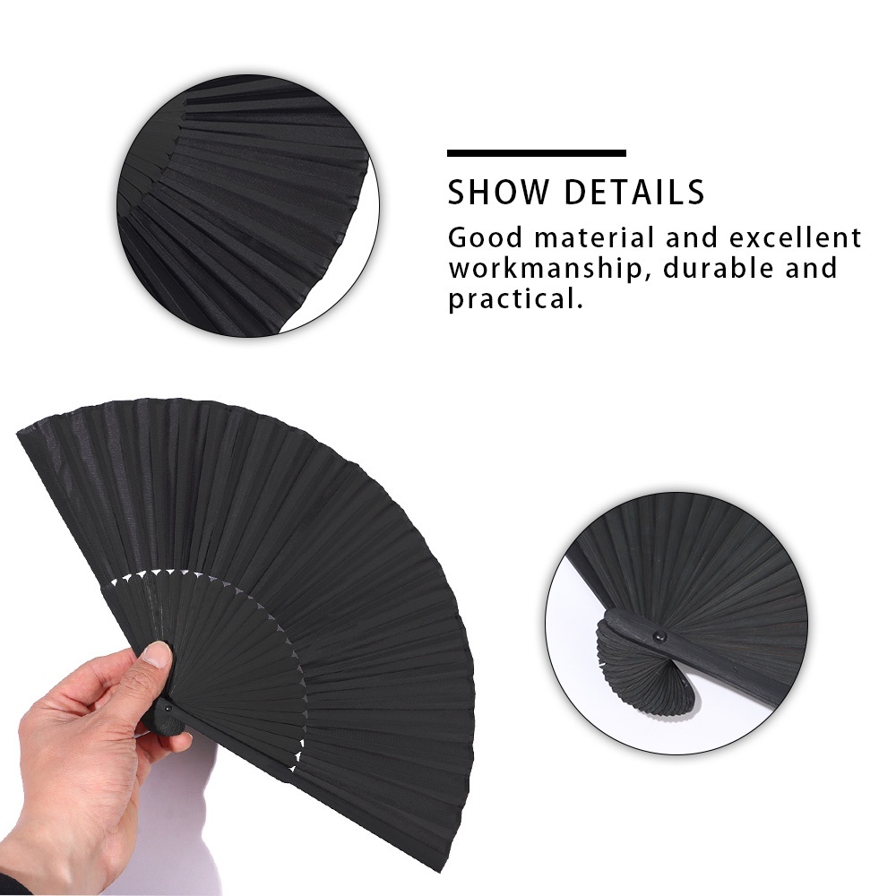 Quạt xếp bằng lụa màu đen kích thước 8.27" phong cách Trung Hoa