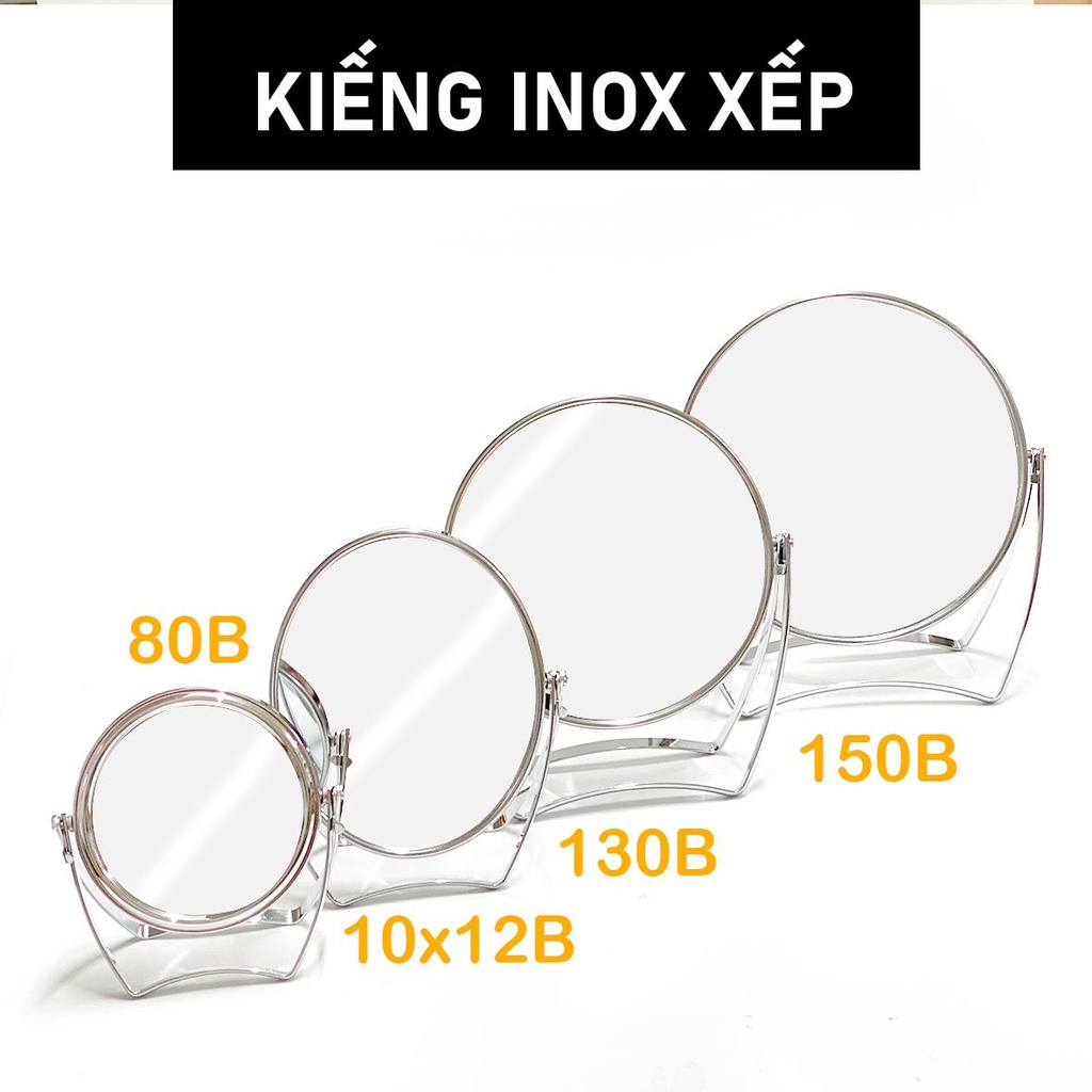 Gương trang điểm để bàn inox 2 mặt xoay 360 độ có mặt phóng chân xếp gọn