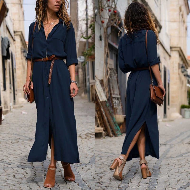 Đầm Sơ Mi Maxi Màu Trơn Dáng Dài Xẻ Tà Cài Khuy Thời Trang Cho Nữ