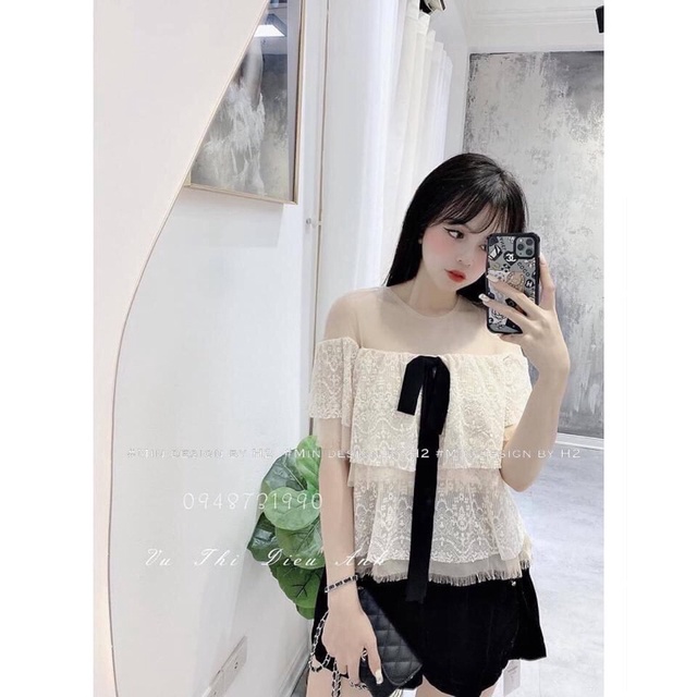 [Sẵn]Áo ren cổ nơFreeshipRen mềm pha lưới sang chảnh