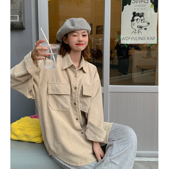 Áo Khoác Nhung Kẻ Dáng Rộng Phong Cách Retro Hàn Quốc Thời Trang Mùa Thu Dành Cho Nữ