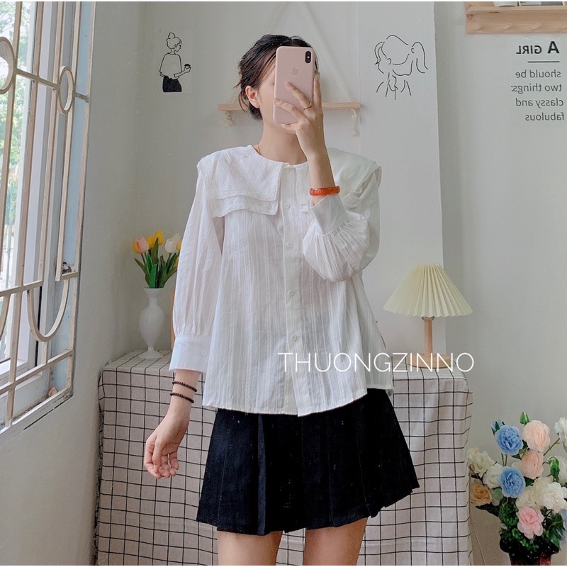 [Ảnh thật/Video]Áo sơ mi tay lỡ cổ xếp tầng sang chảnh