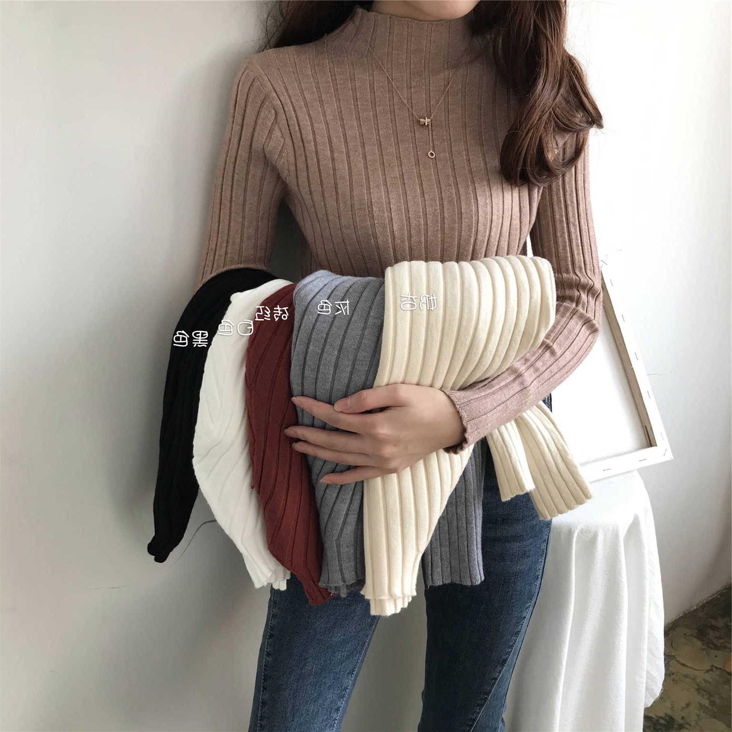 Áo dệt kim tay dài cổ lọ phối sọc gân thời trang phong cách Hàn Quốc | BigBuy360 - bigbuy360.vn