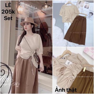 Bán sỉ Set bộ áo đũi rút eo kèm chân váy nâu hàng đẹp