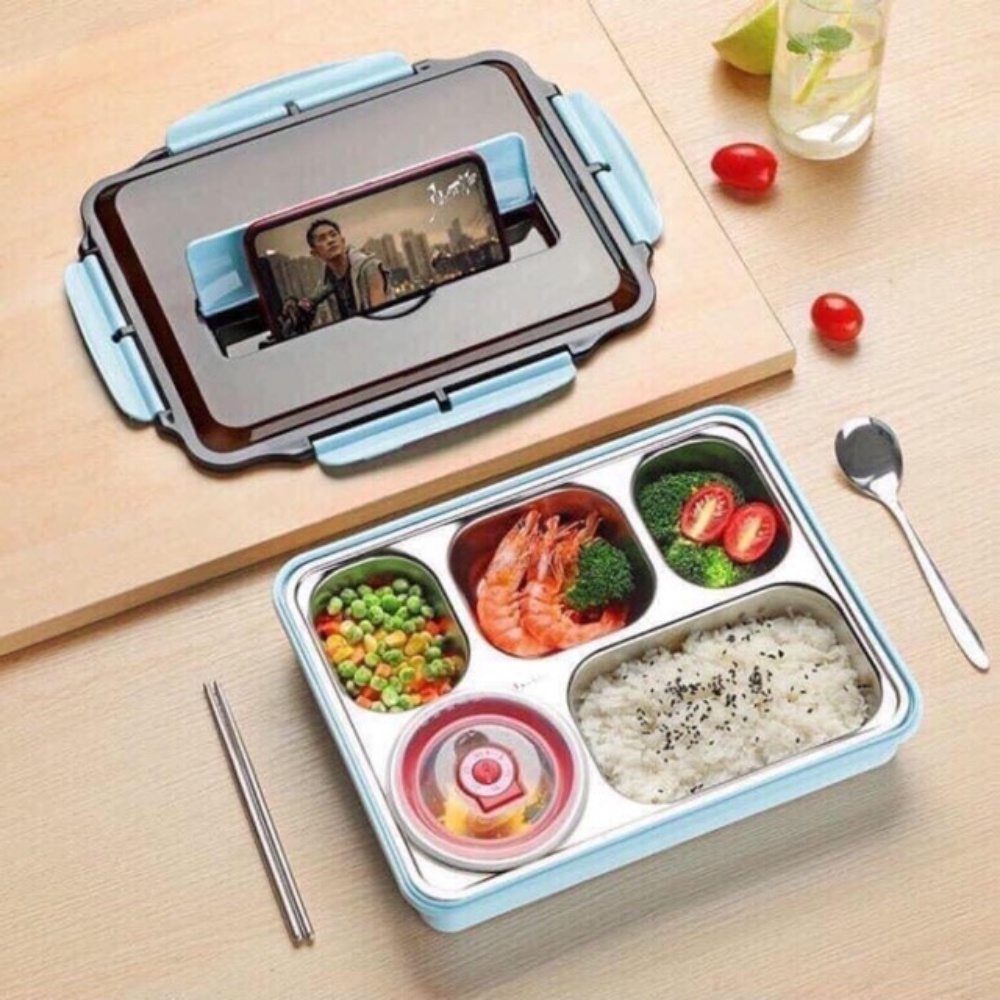 Hộp đựng cơm văn phòng 5 ngăn kèm đũa thìa bằng inox