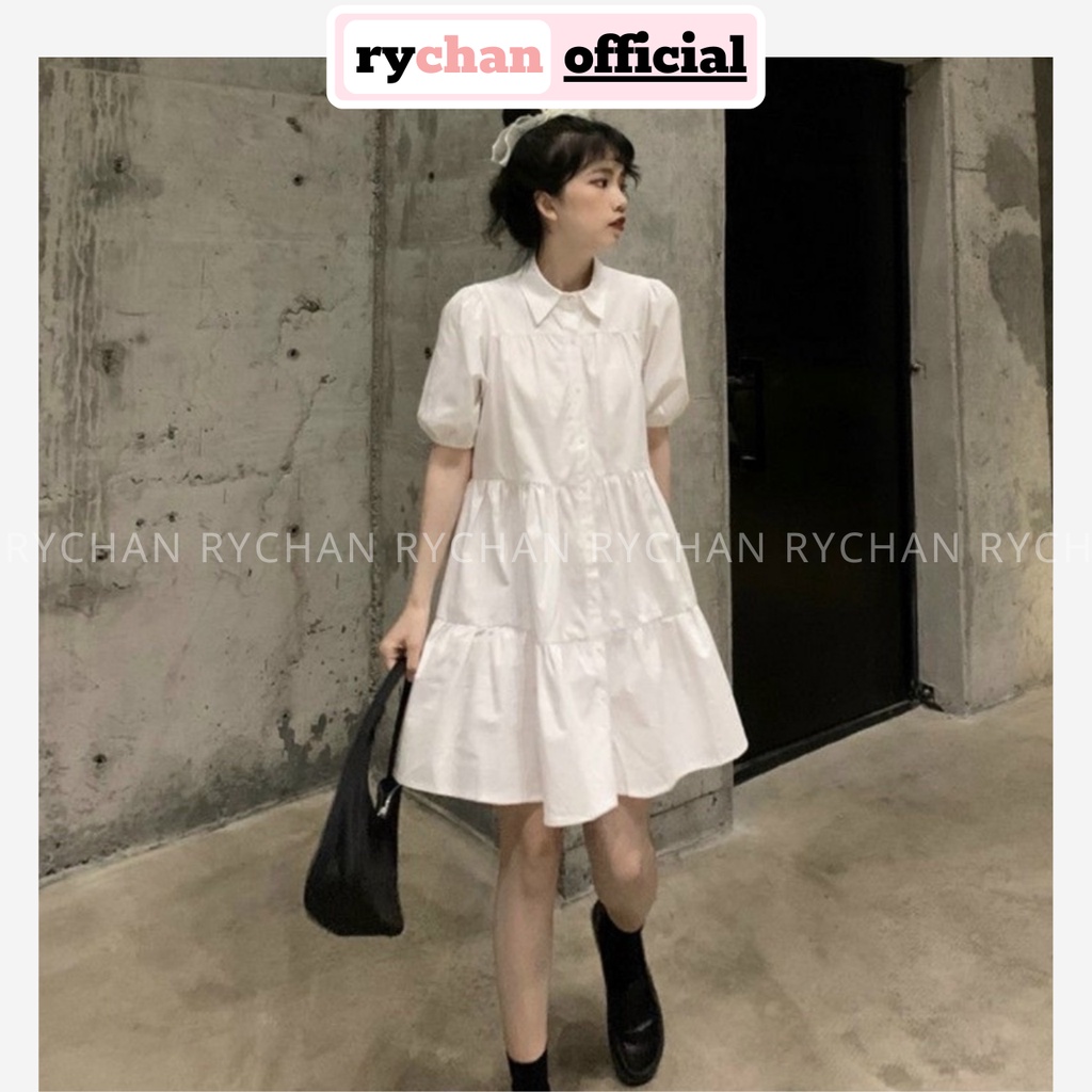 Đầm Nữ Babydoll Đi Chơi Cổ Sơ Mi Tay Ngắn 2 Tầng Cực Trendy Màu Trắng Đen - DX9954