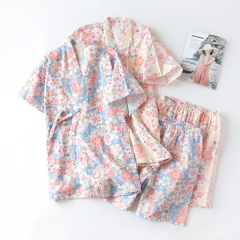 Set Đồ Ngủ Kiểu Kimono Tay Ngắn Bằng Cotton Thời Trang Mùa Hè Cho Nữ