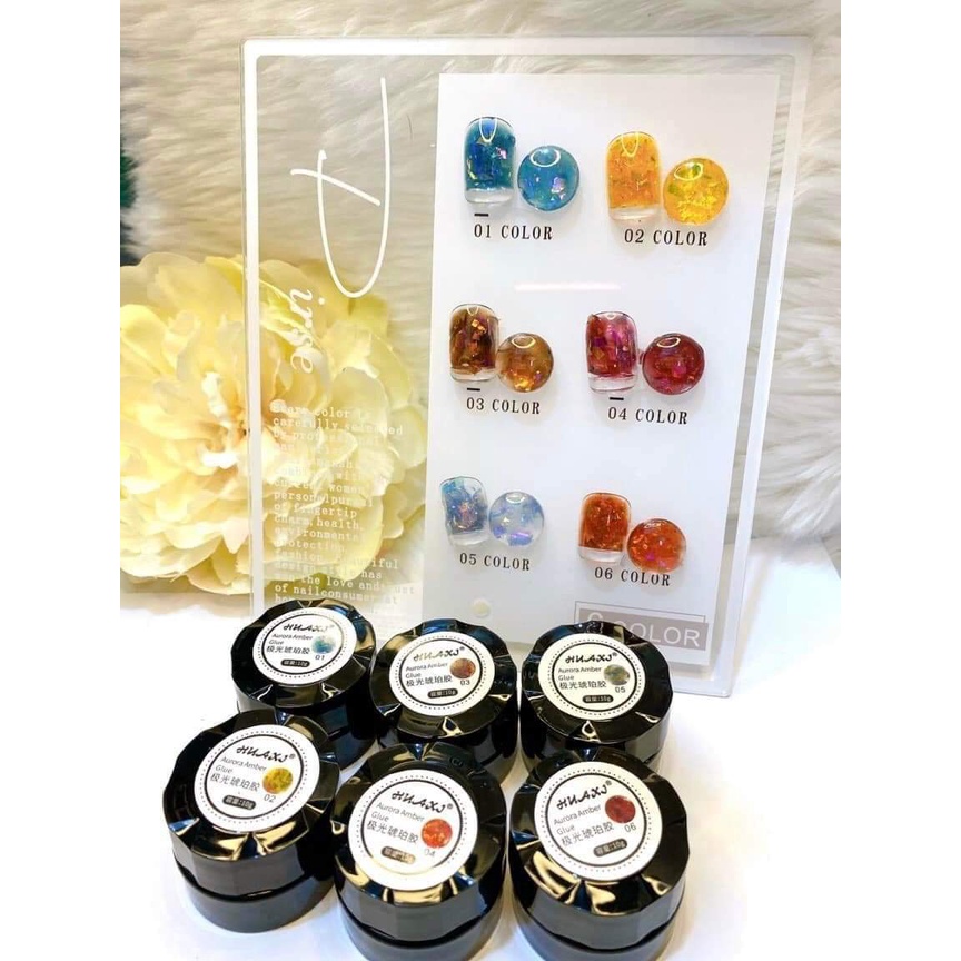 Gel nhũ hổ phách galaxy ẩn thủy tinh, nhũ khổng tước sét 6 hũ kèm bảng màu