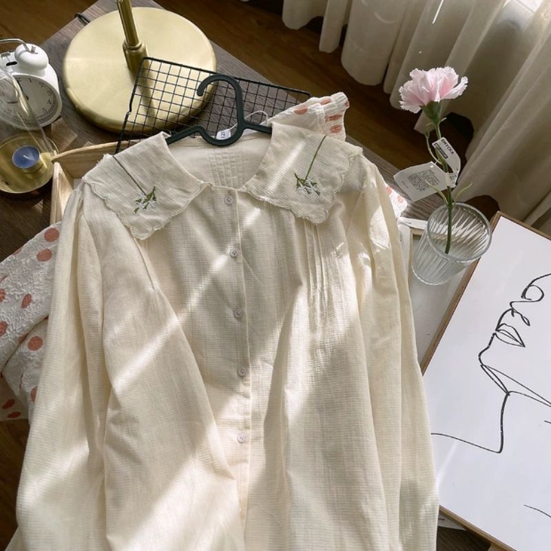 ÁO SƠ MI VINTAGE CỔ THÊU HOA PHONG CÁCH HÀN QUỐC
