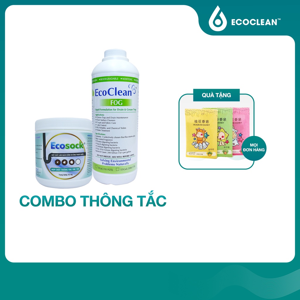 [TIẾT KIỆM] Combo Bột Thông Cống, Vi Sinh Ăn Mỡ: EcoSock, EcoClean FOG