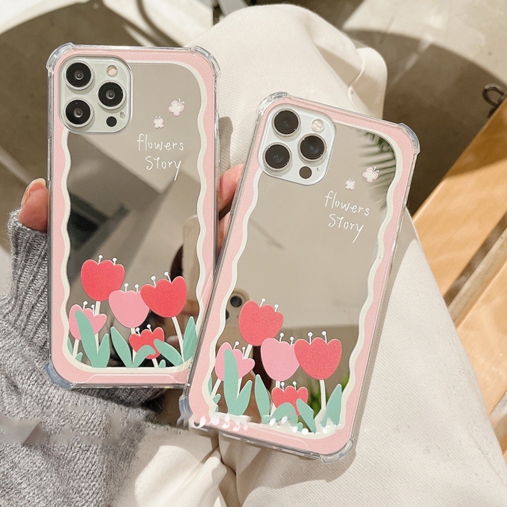 Ốp Điện Thoại Gương Hoa Tulip Mùa Xuân Cho IPhone 11 15 14 Pro Max 12 13 Promax XS XR 7 / 8 Plus Vỏ Điện Thoại TPU Mềm Chống Bụi