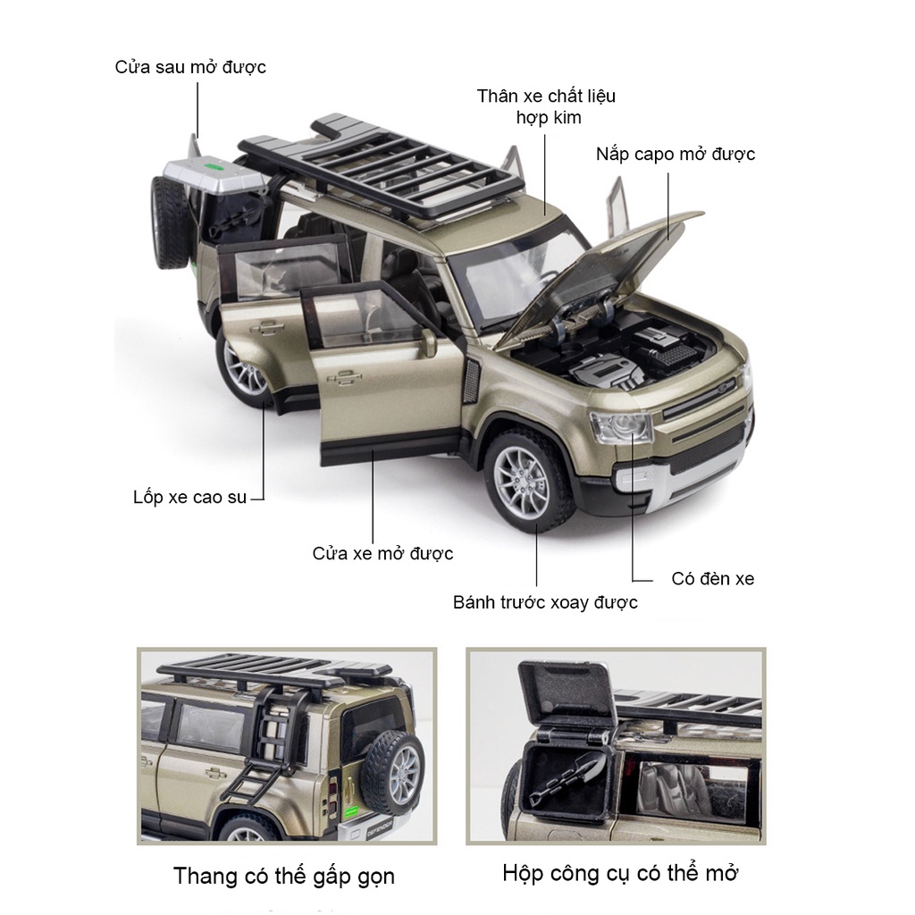 Mô hình Land Rover Defender tỷ lệ 1:24 thân xe hợp kim chắc chắn có đèn âm thanh, chạy cót
