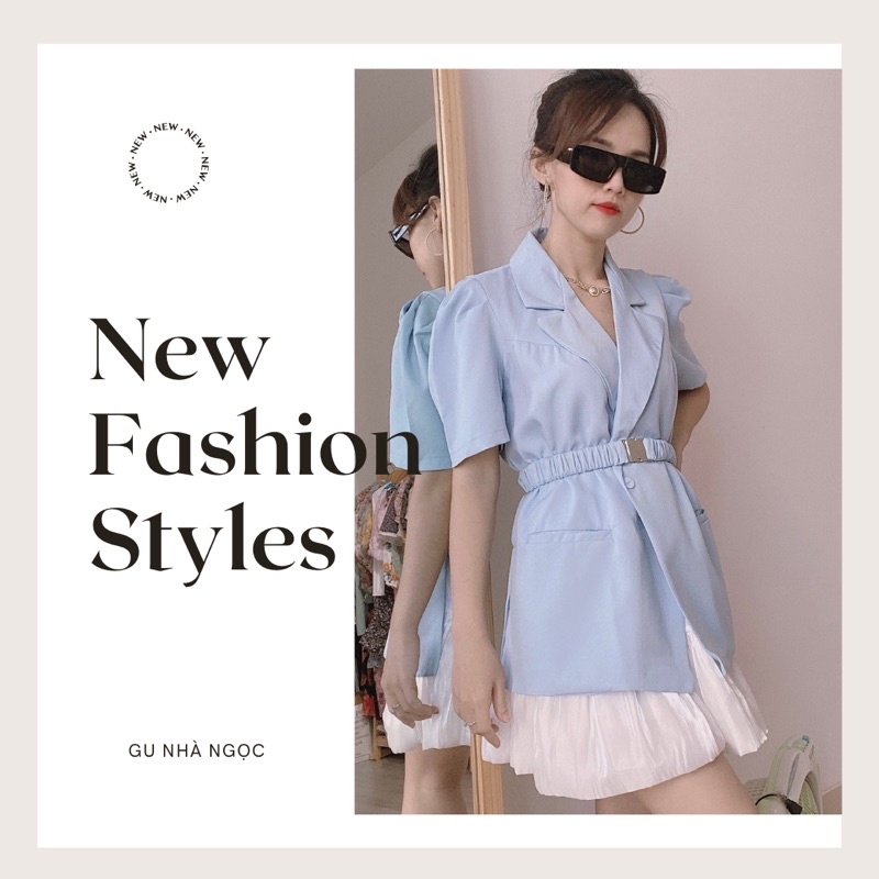 NS10 Set bộ vest xanh ngắn tay kèm belt thời trang phối chân váy voan tơ sang trọng.