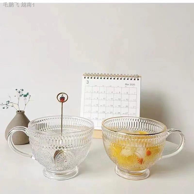 Ly Cốc Thủy Tinh HỌA TIẾT HƯỚNG DƯƠNG (G5) Có Quai Phong Cách Bắc Âu retro Sang Trọng