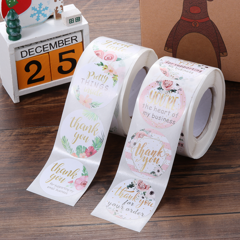 LONTIME /500pcs DIY Thank You Stickers Wedding Decor Gift Paper Sticker Flower labels Gift Packaging Sticker roll Package Label Round label Thank You Sealing Craft Self Adhesive