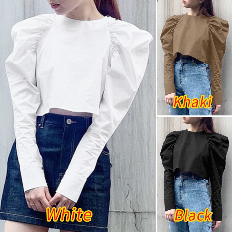 Áo kiểu Zanzea tay phồng dài cổ tròn màu trơn thời trang dành cho nữ