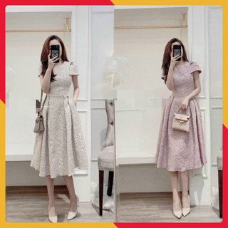 Đầm xòe tay phồng gấm hoa nổi, đầm xòe gấm sang trọng
