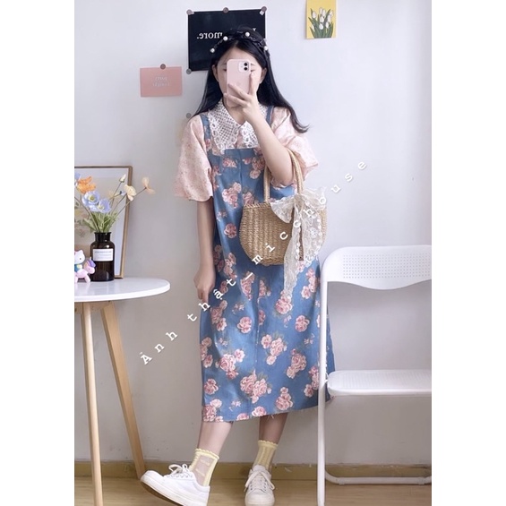 Order | Set áo baby tay bồng Hồng Kông + đầm yếm jeans cổ điển hoạ tiết hoa hồng | BigBuy360 - bigbuy360.vn