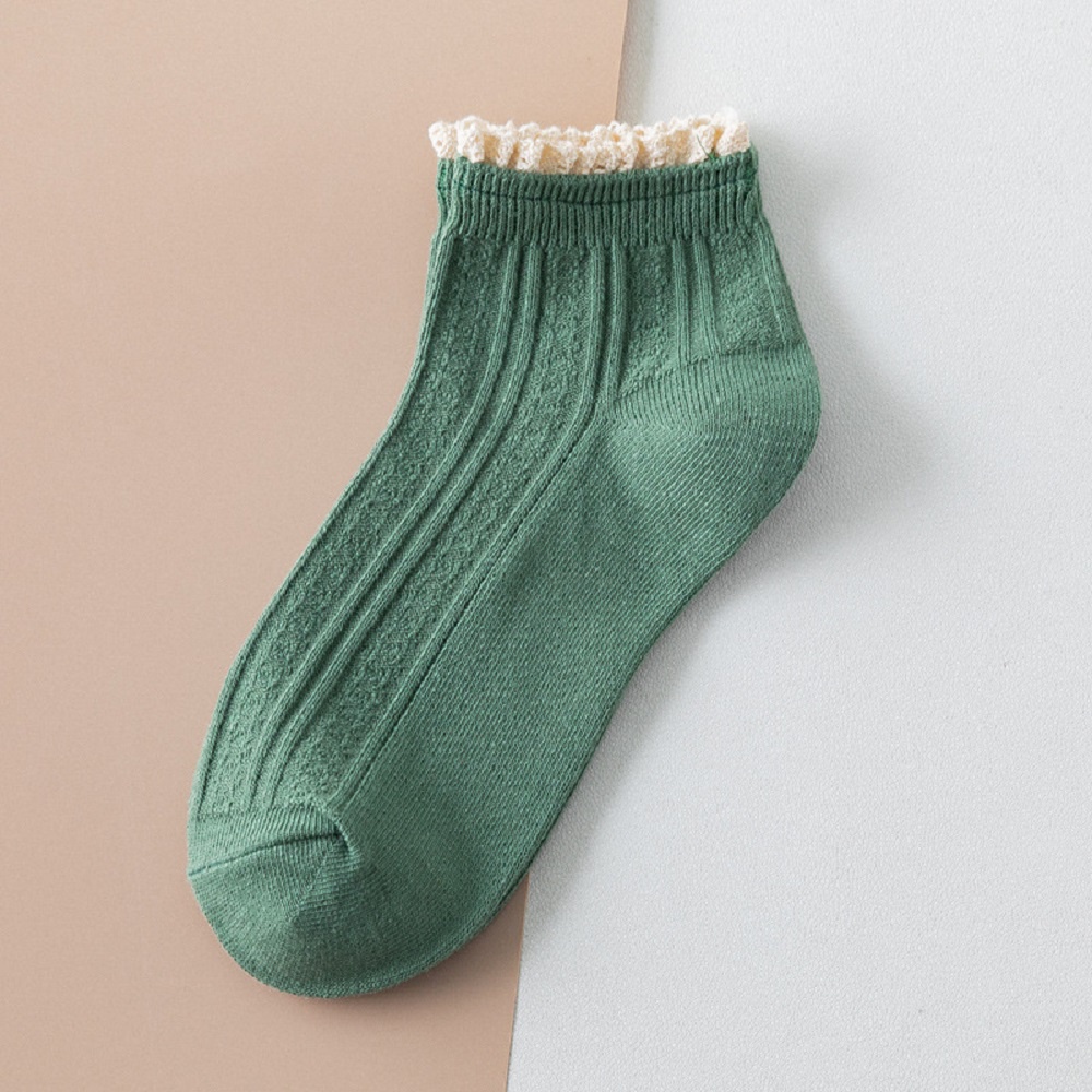 Vớ Cotton Cổ Thấp Màu Trơn Phối Ren Nhún Bèo Phong Cách Harajuku Thời Trang Cho Nữ