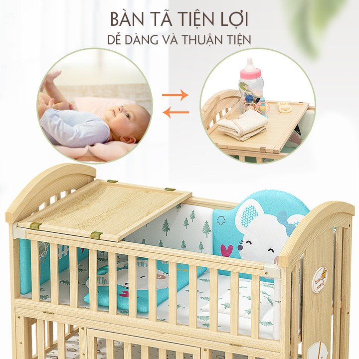 Cũi gỗ cho bé kéo dài thành giường ghép bố mẹ kích thước  - Leli Official