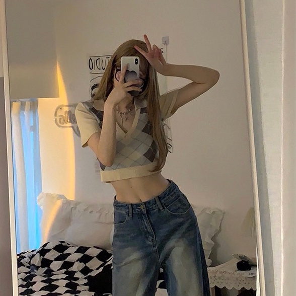 Áo Dệt Kim Ngắn Tay Lưng Cao Thời Trang Quyến Rũ