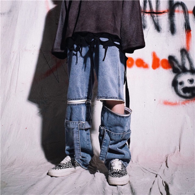 SALE [FORM NAM/NỮ] Quần jeans ống rộng unisex xẻ gối kéo khoá có thể tháo dời oversize Ulzzang siêu chất ❤️ .