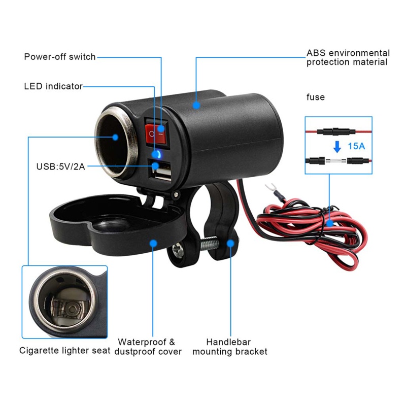 Ổ Cắm Sạc USB 12V Chống Nước Gắn Tay Lái Xe Máy Có Công Tắc Cho Điện Thoại/Máy Tính Bảng/Máy Tính Bảng