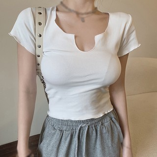 Áo Croptop Tay Ngắn Cổ Chữ V Màu Sắc Đơn Giản Phong Cách Hàn Quốc
